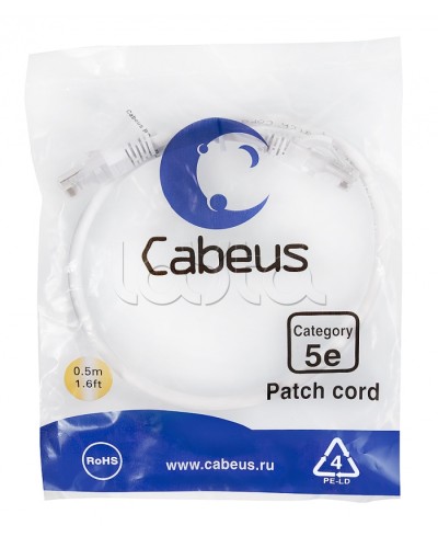 Патч-корд UTP, категория 5e, 0.5 м, неэкранированный, белый Cabeus PC-UTP-RJ45-Cat.5e-0.5m-WH в Петропавловске-Камчатском Патчкорды (медные) Pintop.ru