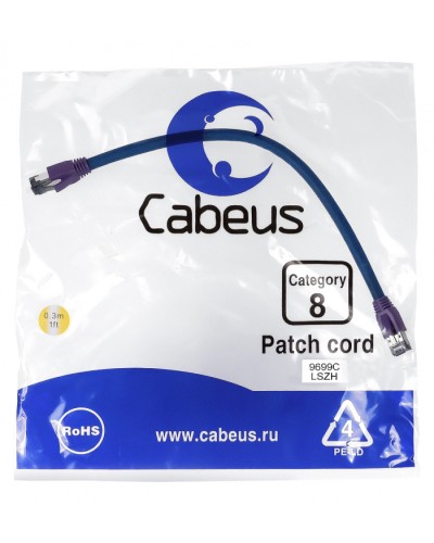 Патч-корд S/FTP Cabeus PC-SSTP-RJ45-Cat.8-0.3m-LSZH в Петропавловске-Камчатском Патчкорды (медные) Pintop.ru