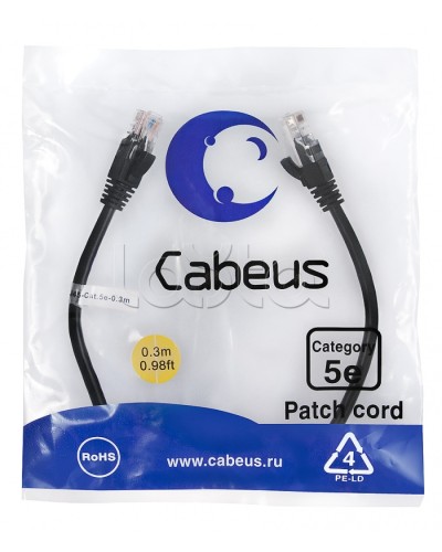 Патч-корд медный U/UTP кат.5е (0,3м) LSZH (черный) Cabeus (PC-UTP-RJ45-Cat.5e-0.3m-BK-LSZH) в Петропавловске-Камчатском Патчкорды (медные) Pintop.ru